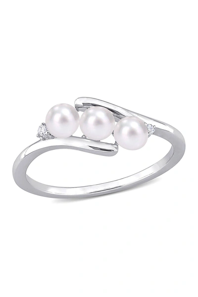 Delmar Sterling Silver Triple 4mm Cultured Freshwater Pearl & Diamond Ring In White