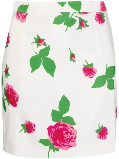 Alessandra Rich Rose Print Fitted Skirt In White