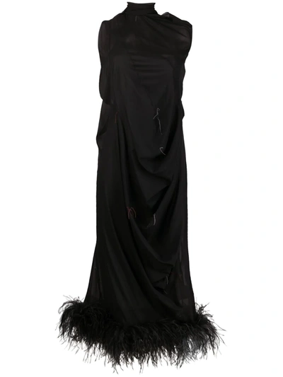 Maison Margiela Feather-trimmed Stretch-silk Gown In Black