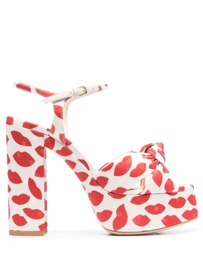 Saint Laurent Bianca Knotted Lip-print Canvas Platform Sandals In Rot