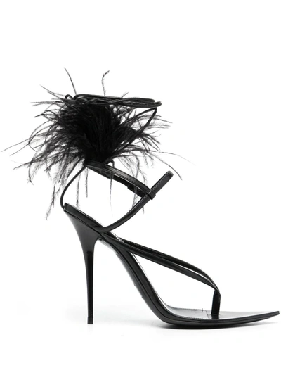 Saint Laurent Women's Instinct Pointed Toe Feather Trim High Heel Thong Sandals In Black