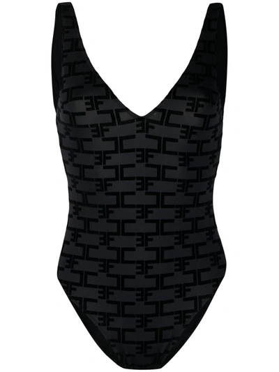 Elisabetta Franchi V-neck Monogram One Piece In Black