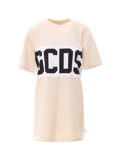 Gcds Logo Stripe T-shirt Dress In Beige