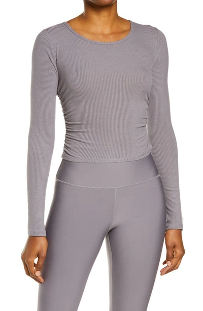 Alo Yoga Gather Long Sleeve Rib Crop Top In Purple Dusk