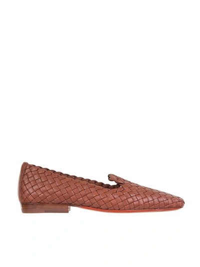 Santoni Loafer In Tan Braided Leather In Brown