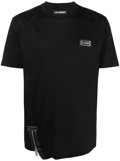 Les Hommes Logo-plaque And Zip Cotton T-shirt In Black