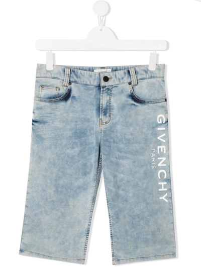 Givenchy Delave Denim Kid Bermuda Shorts With Logo In Blue