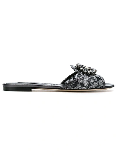 Dolce & Gabbana Bianca Crystal-embellished Lace Sandals In Silver