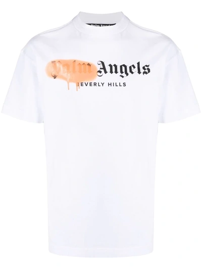 Palm Angels White & Orange Sprayed Logo 'beverly Hills' T-shirt