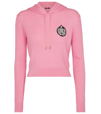 Balmain Pink Cashmere Cropped Crystal-logo Hoodie
