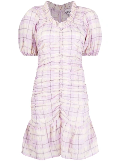 Ganni Ruched Checked Organic Cotton-blend Seersucker Mini Dress In Orchid Bloom