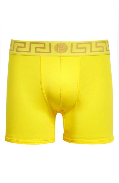 Versace First Line Long Stretch Cotton Trunks In Giallo-oro