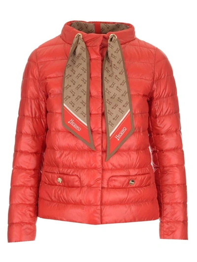 Herno Branded Scarf Padded Jacket In Red