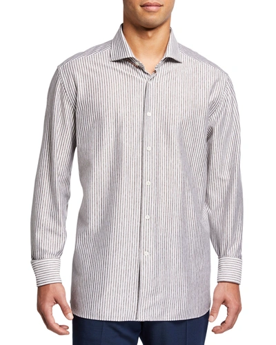 Corneliani Stripe Linen & Cotton Dress Shirt In Brwwht Strp