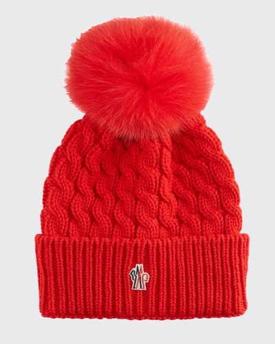 Moncler Wool Cable-knit Fur Pom Beanie In Red | ModeSens