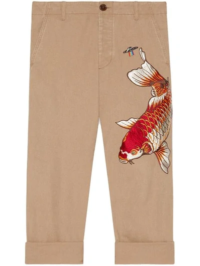 Gucci Fish-embroidered Straight Cropped Cotton Trousers In Neutrals