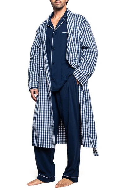 Petite Plume Gingham Cotton Twill Dressing Gown In Navy