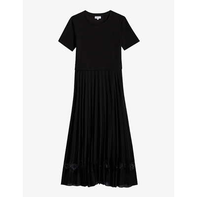 Claudie Pierlot Telie Pleated Cotton Midi Dress In Schwarz