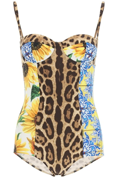 Dolce & Gabbana Patchwork Print Balconette One-piece Swimsuit In Variante Abbinata