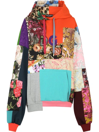 Dolce & Gabbana Patchwork Jersey Hoodie With Dg Embroidery In Orange,gold,green