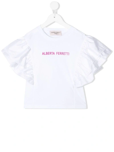 Alberta Ferretti Teen Logo-print Ruffled T-shirt In White