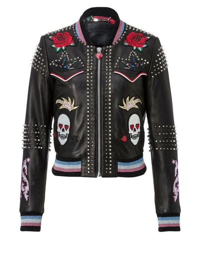 Philipp Plein Studded Skull Patch Jacket In Black