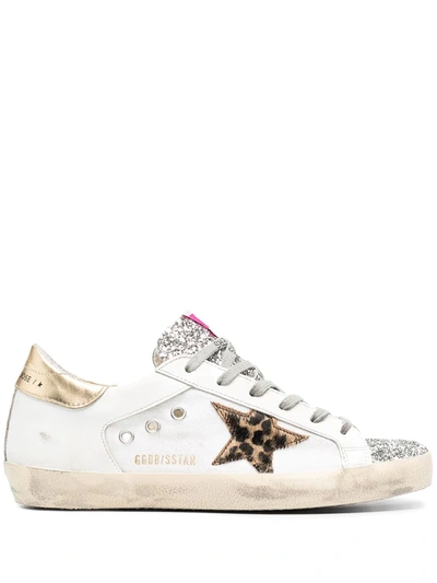 Golden Goose White Super-star Sneakers With Glitter Details And