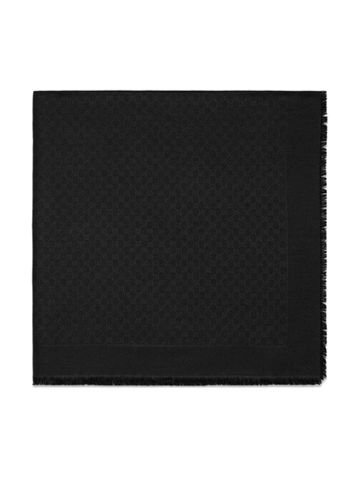 Gucci Silk Wool Gg Jacquard Scarf In Black