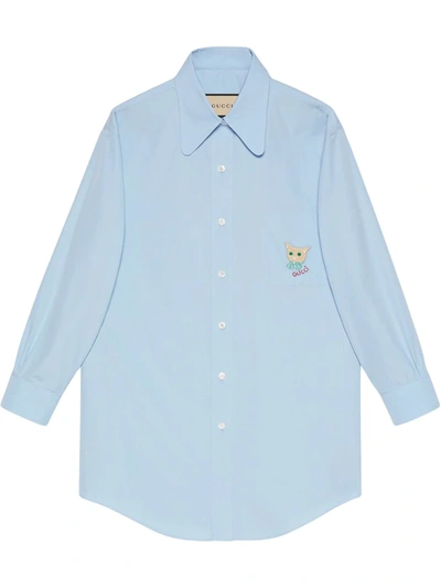 Gucci Cat Cotton Poplin Shirt In Light Blue