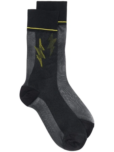 Prada Lightning Bolt Socks In Nero+giallo