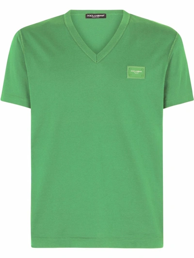 Dolce & Gabbana Cotton V-neck T-shirt With Branded Plate In Green