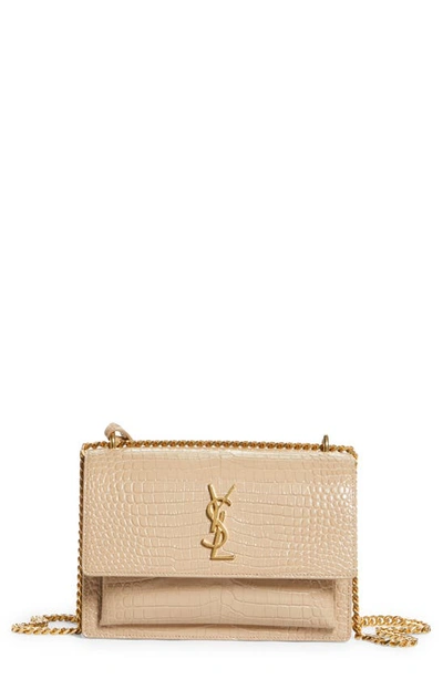 Saint Laurent Medium Sunset Croc Embossed Leather Shoulder Bag In Dark Beige