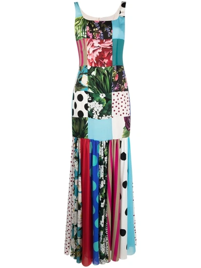 Dolce & Gabbana Patchwork Charmeuse And Georgette Dress In Light Blue,white,black,green,pink