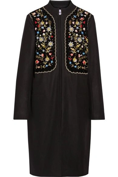 Vilshenko Fotina Embroidered Velvet-paneled Wool-blend Coat