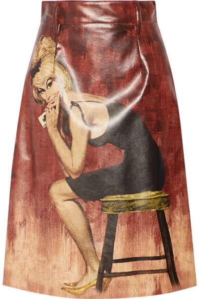 Prada Poster Girl-print Coated-cotton Midi Skirt In Red