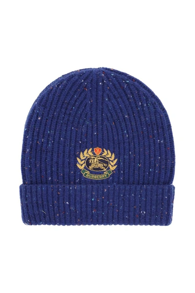 Burberry Beanie Hat With Logo Embroidery In Blue