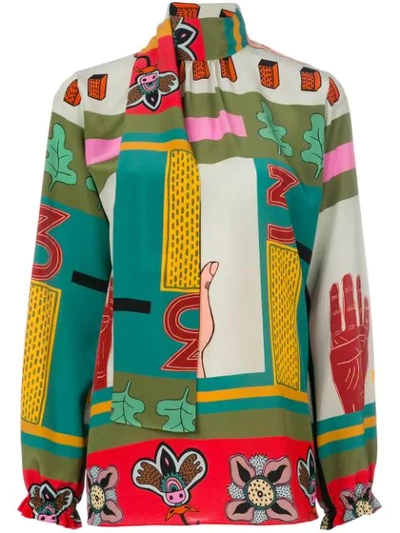 Valentino Counting-print Tie-neck Silk Crepe De Chine Blouse In Multi