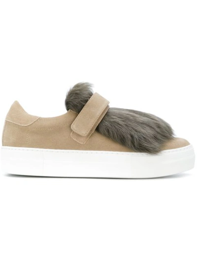 Moncler Dark Sand Leather Woman Sneakers With Shearling Fur In 902