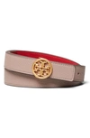 Tory Burch T-logo Reversible Leather Belt In Gray Heron/ Red/ Gold