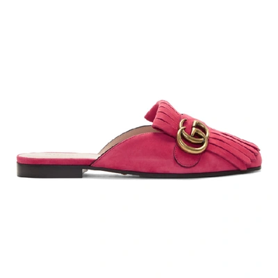 Gucci Marmont Fringed Backless Suede Loafers In Pink