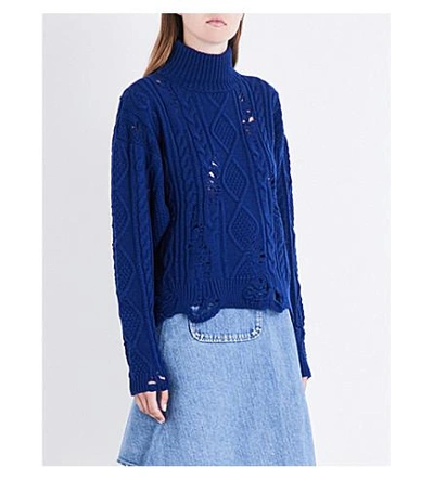 Miharayasuhiro Distressed Cable-knitted Sweater In Blue