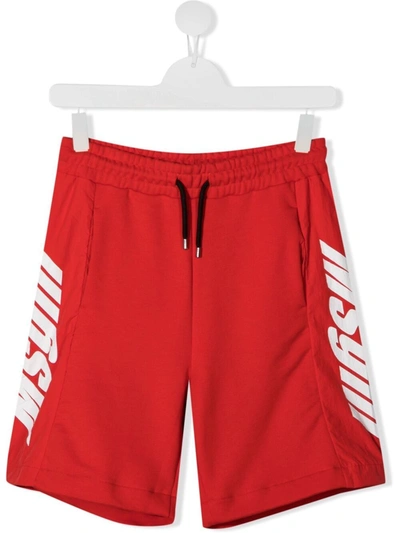 Msgm Kids' Side Logo-print Shorts In Red