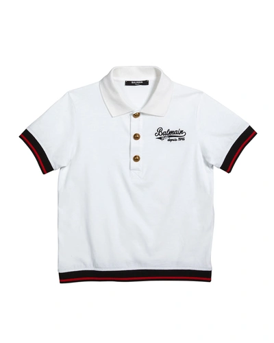 Balmain Kids' Boy's Logo Embroidered Short-sleeve Polo Shirt In White