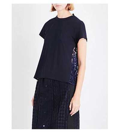 Sacai Lace-panel Cotton T-shirt In Navy