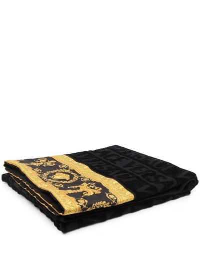 Versace Signature Logo Embossed Towel In Black