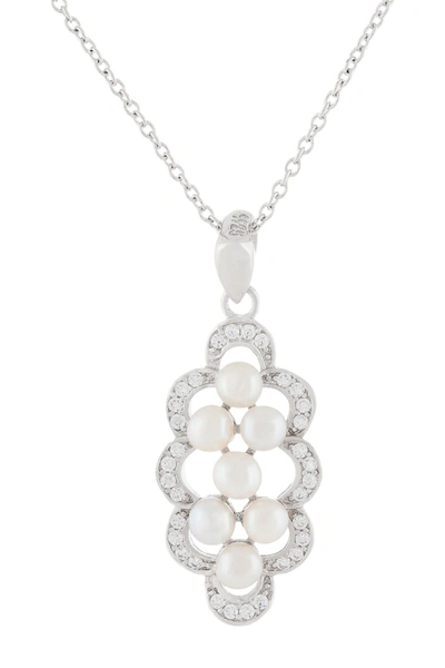 Splendid Pearls Sterling Silver 3-4mm White Freshwater Pearl & Cz Pendant Necklace In Natural White