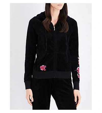 Juicy Couture Robertson Floral-embroidered Velour Hoody In Black