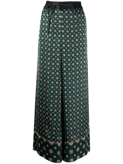 Sacai Geometric Logo-detail Palazzo Trousers In Green