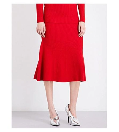 Victoria Beckham Flared Ribbed-knit Midi Skirt In Red