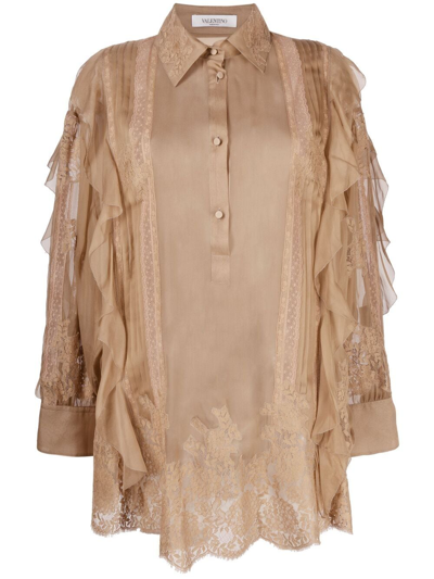 Valentino Pintucked Lace-trimmed Silk-chiffon Blouse In Camel